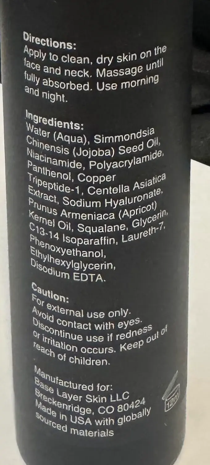 Base Layer bottle back label listing niacinamide, copper tripeptide, squalane, and the full ingredient list
