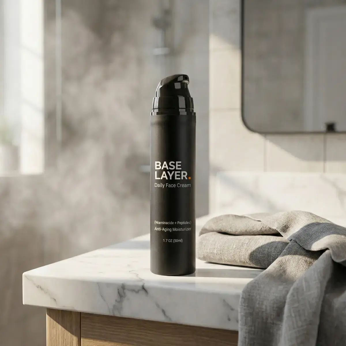Base Layer Daily Face Cream on a bathroom counter
